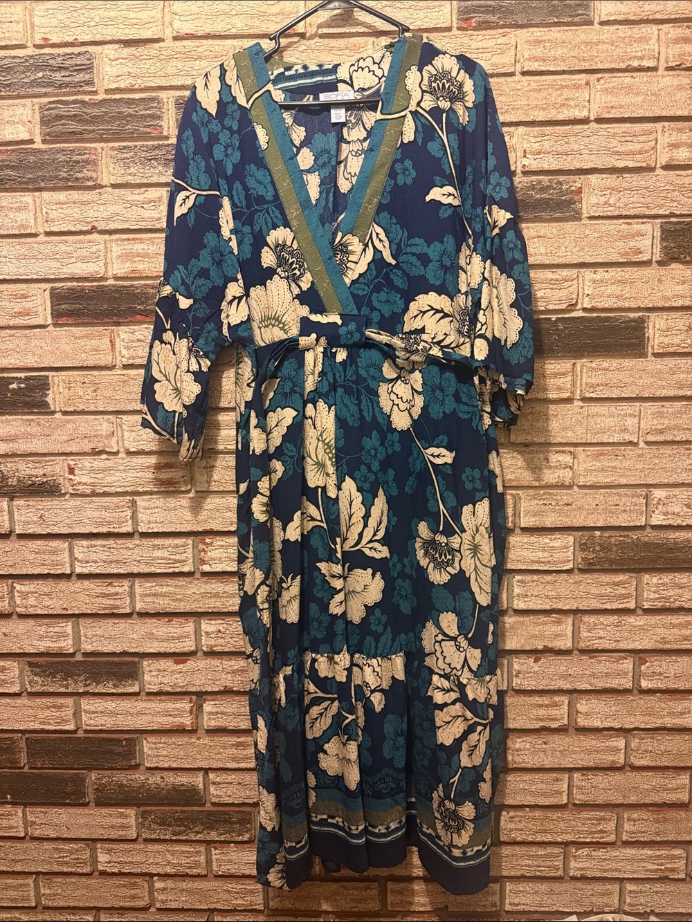 sofia by sofia vergara Navy Blue Floral Wrap Maxi Dress with Cream Accents